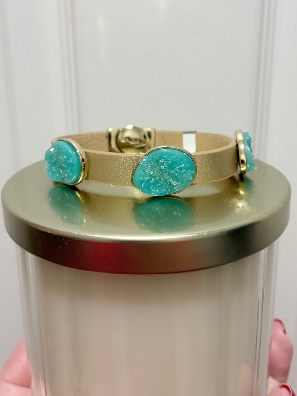Chico’s Gold Leather Bracelet w/ Aqua Stones